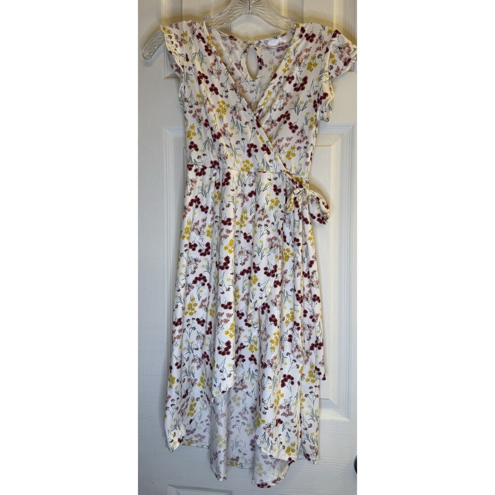 Scooter Brown Girls Dress Size 7 White Floral Wrap Style High-Low Hem EUC